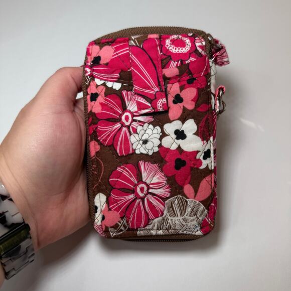 Women's Pink & Brown Floral Flower Print Zip Around Wristlet Wallet - Picture 5 of 5